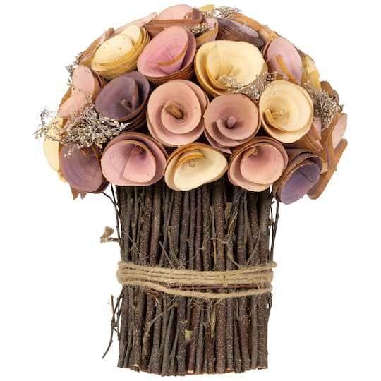 Northlight; 8.25" Pink & Yellow Wooden Artificial Floral Spring Bouquet; Category:Spring Floral Arrangements; Image:1